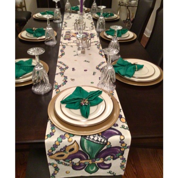 Mardi Gras Table Runner Fleur De Lis Decor Mask Beads Dining Decorative Cloth - Picture 2 of 4